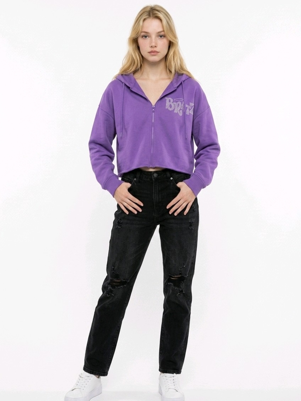 Purple Cropped Zip Hoodie with Subtle Graphic - Unknown Brand